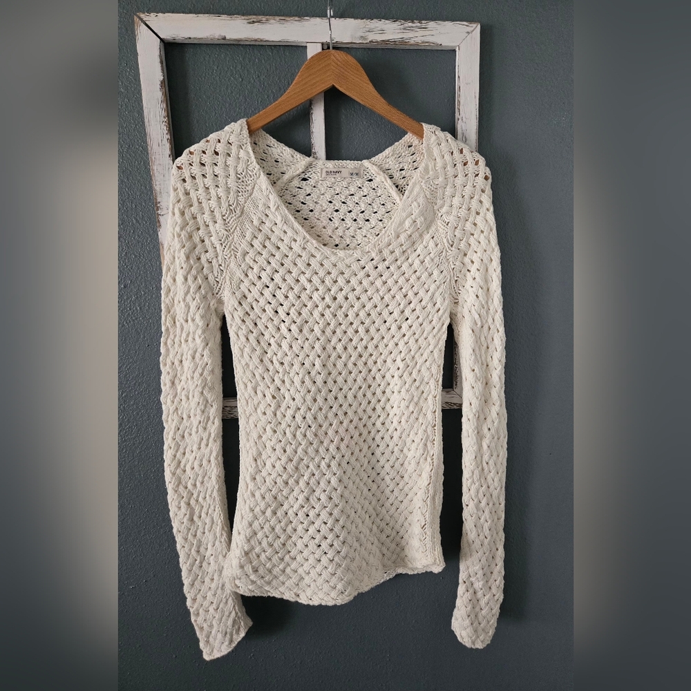 Old Navy White Lattice Open-Knit Long Sleeve Sweater - Size Medium (M)